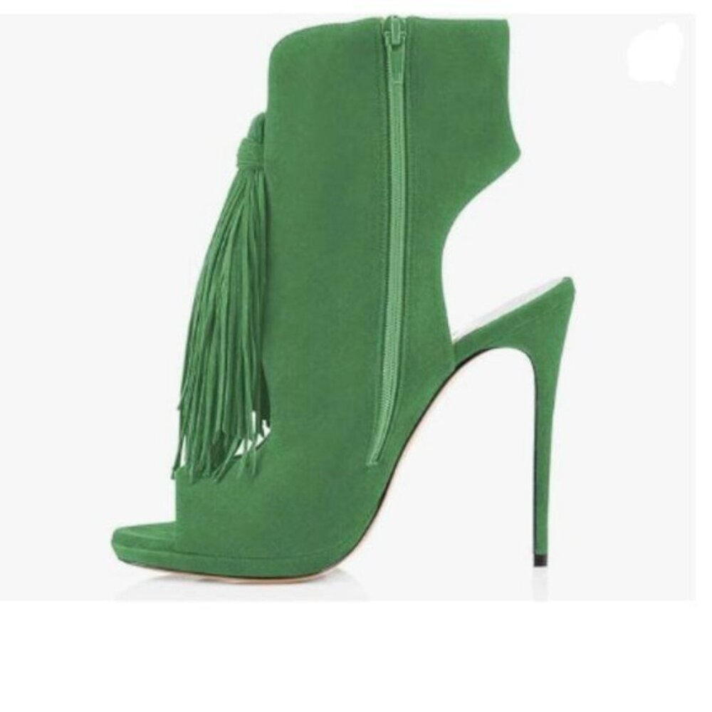 Green Suede Tassel Peep-Toe High Heel Bootie